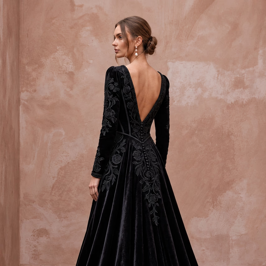 Dramatic Black Velvet Plunge Neck Gothic A-Line Bridal Dress