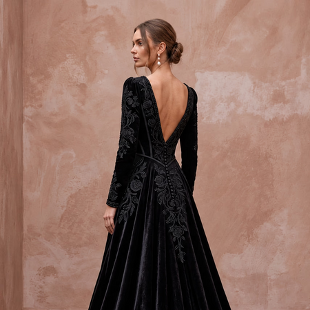 Dramatic Black Velvet Plunge Neck Gothic A-Line Bridal Dress
