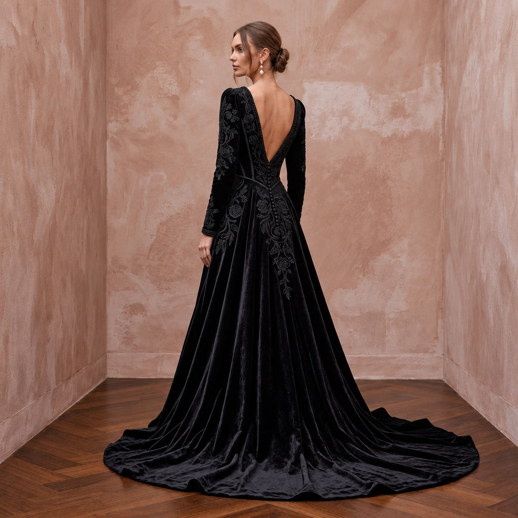 Dramatic Black Velvet Plunge Neck Gothic A-Line Bridal Dress