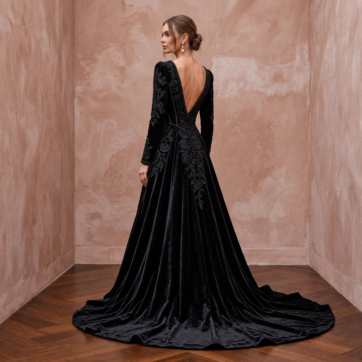 Dramatic Black Velvet Plunge Neck Gothic A-Line Bridal Dress