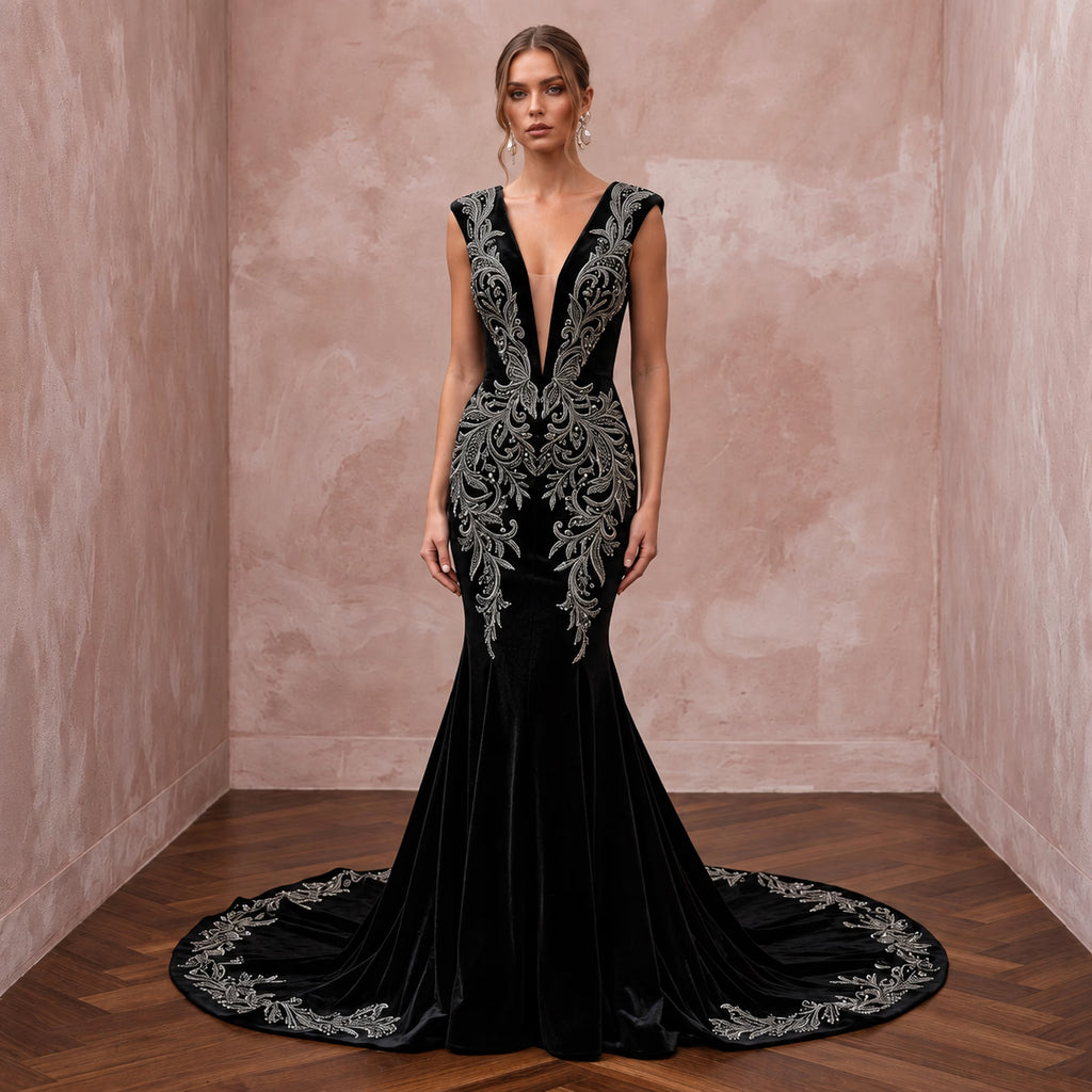 Dramatic Black Velvet Plunge Neck Mermaid Wedding Gown