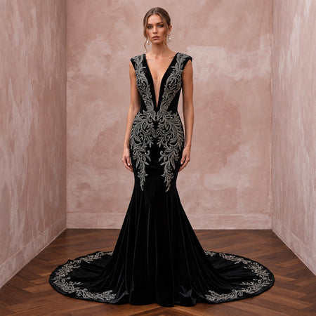 Dramatic Black Velvet Plunge Neck Mermaid Wedding Gown