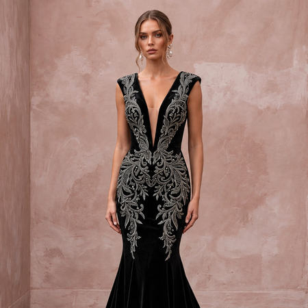 Dramatic Black Velvet Plunge Neck Mermaid Wedding Gown
