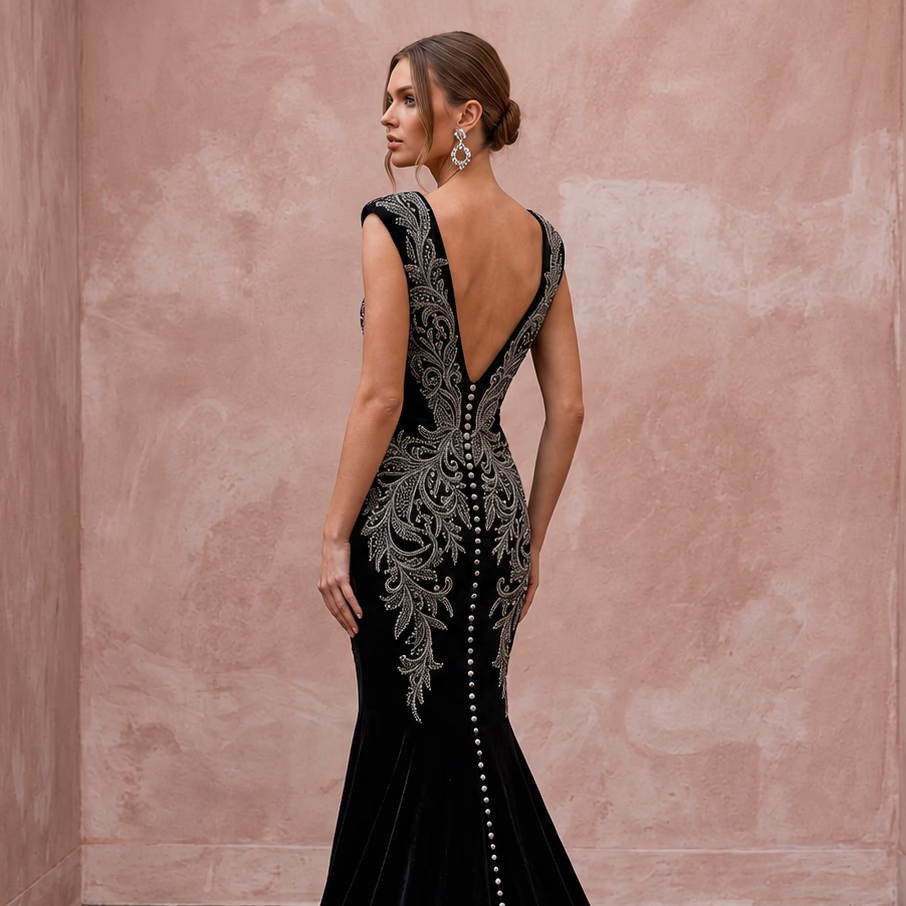 Dramatic Black Velvet Plunge Neck Mermaid Wedding Gown