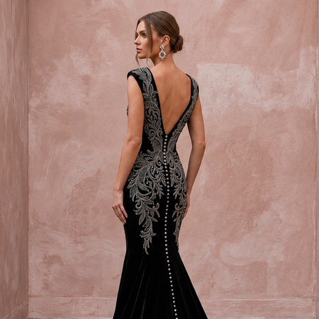 Dramatic Black Velvet Plunge Neck Mermaid Wedding Gown