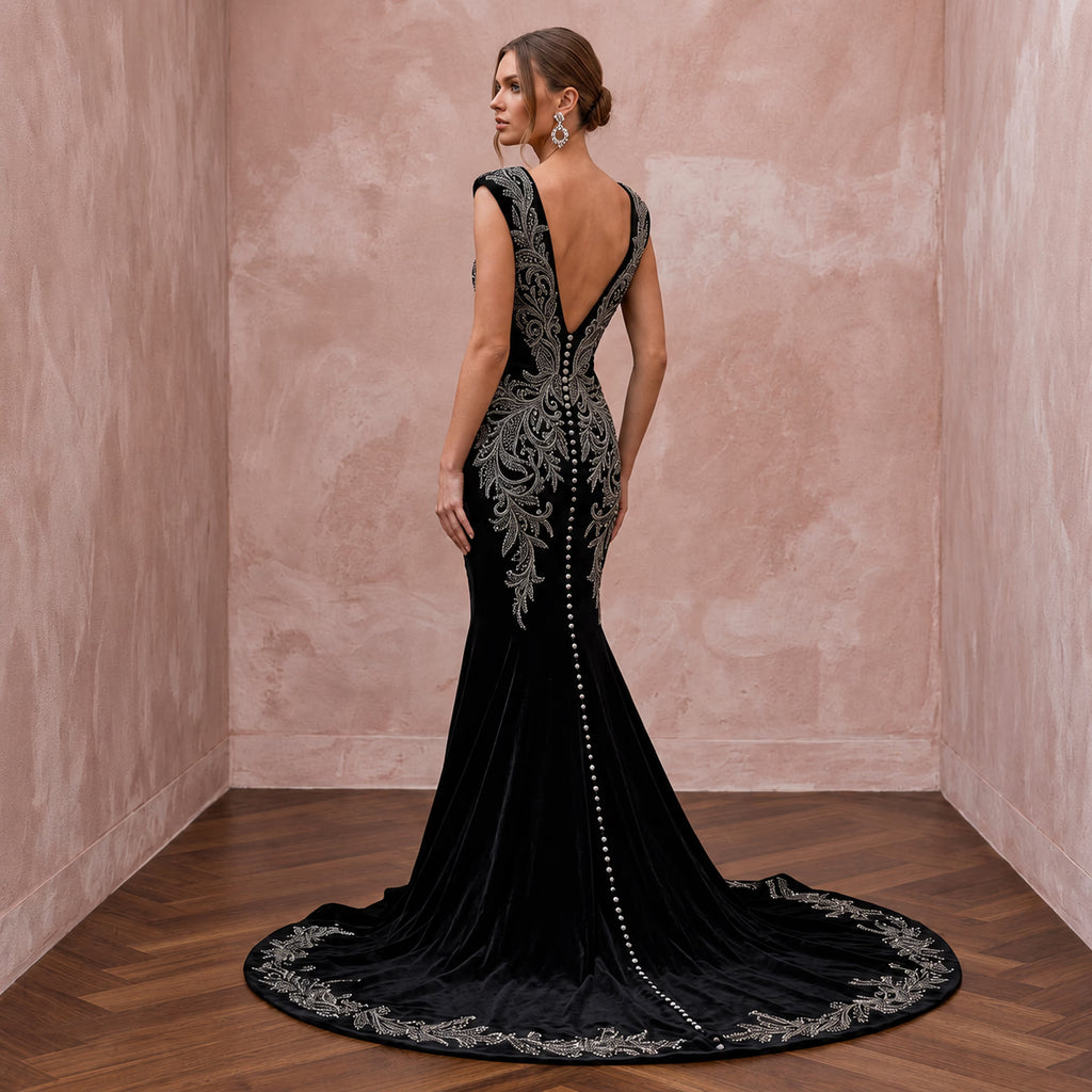 Dramatic Black Velvet Plunge Neck Mermaid Wedding Gown