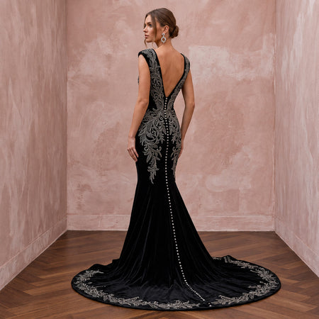 Dramatic Black Velvet Plunge Neck Mermaid Wedding Gown