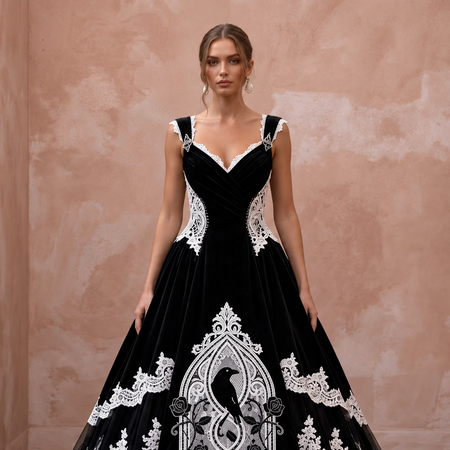Dramatic Black Velvet & White Lace Bridal Gown for Gothic Elopement