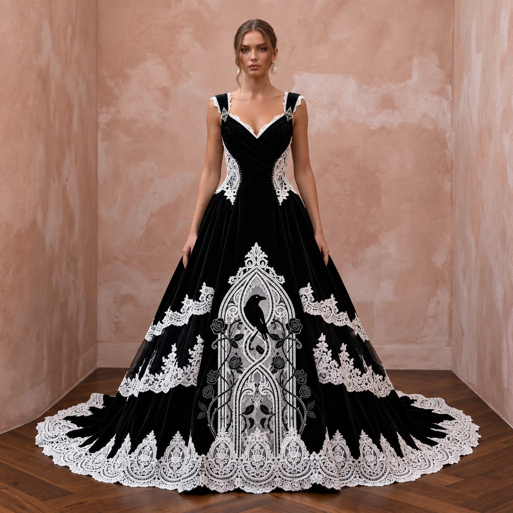 Dramatic Black Velvet & White Lace Bridal Gown for Gothic Elopement