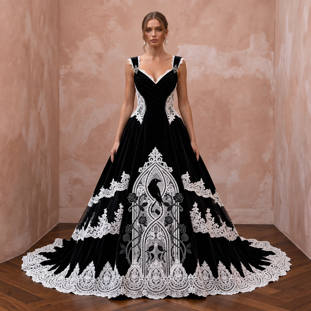 Dramatic Black Velvet & White Lace Bridal Gown for Gothic Elopement