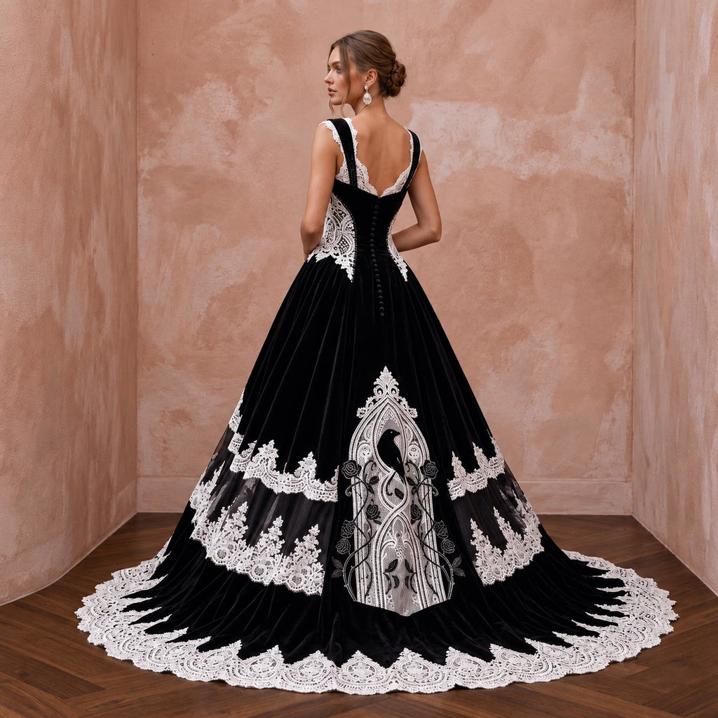 Dramatic Black Velvet & White Lace Bridal Gown for Gothic Elopement