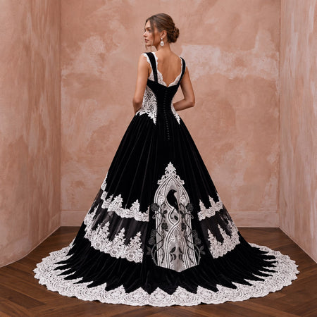 Dramatic Black Velvet & White Lace Bridal Gown for Gothic Elopement