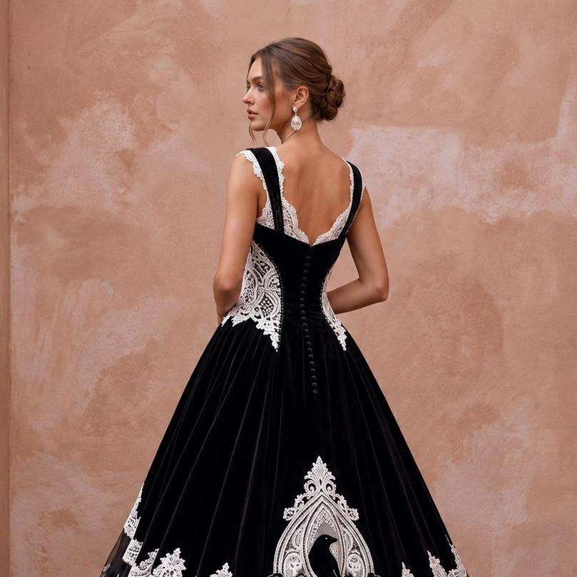 Dramatic Black Velvet & White Lace Bridal Gown for Gothic Elopement