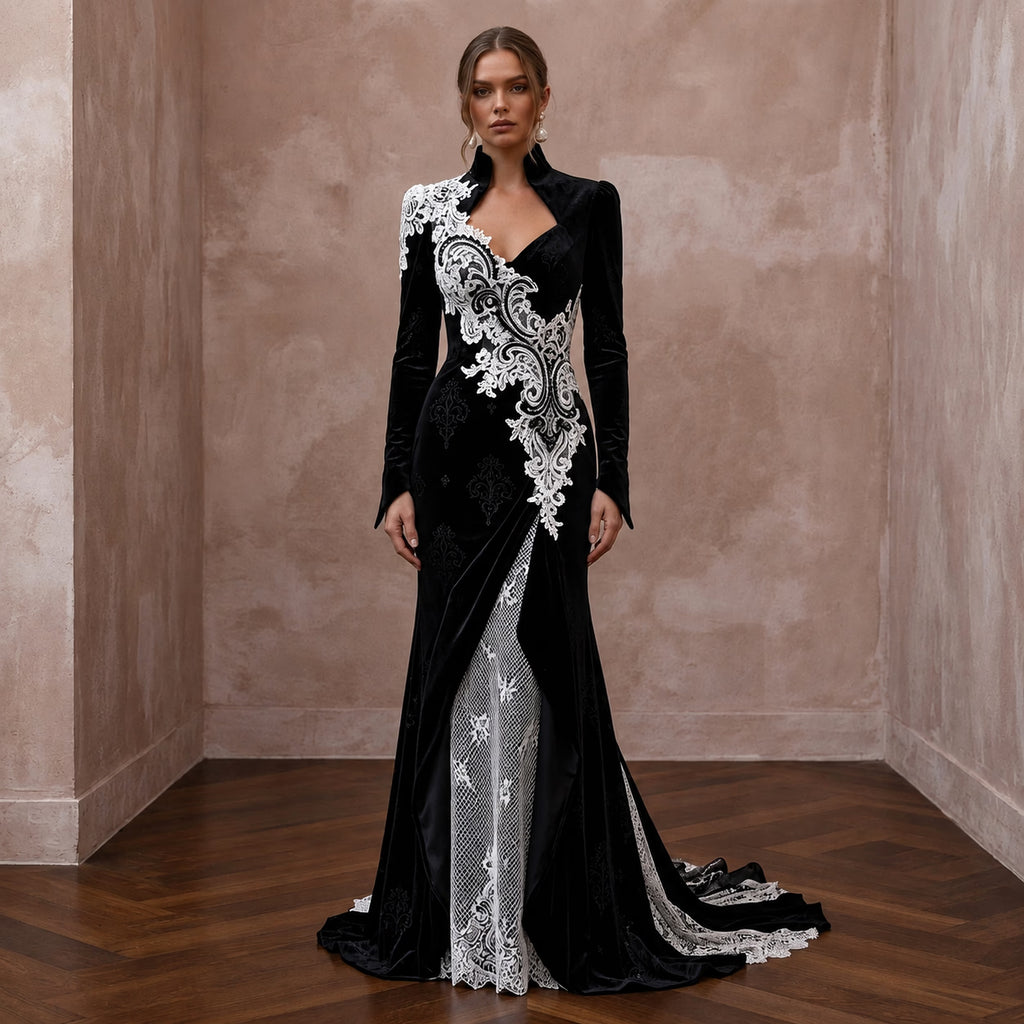 Dramatic Black Velvet & White Lace Dress for Gothic Elopement - Apparel & Accessories > Clothing > Wedding & Bridal Party Dresses > Wedding Dresses - Mignonette Bridal