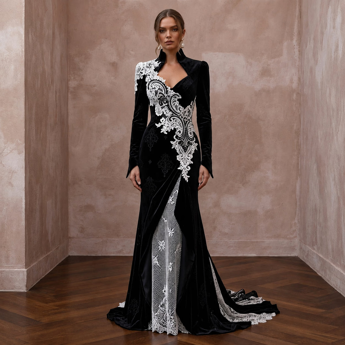 Dramatic Black Velvet & White Lace Dress for Gothic Elopement - Apparel & Accessories > Clothing > Wedding & Bridal Party Dresses > Wedding Dresses - Mignonette Bridal