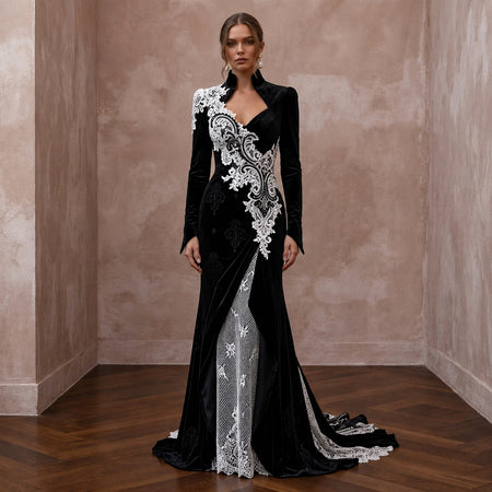 Dramatic Black Velvet & White Lace Dress for Gothic Elopement - Apparel & Accessories > Clothing > Wedding & Bridal Party Dresses > Wedding Dresses - Mignonette Bridal
