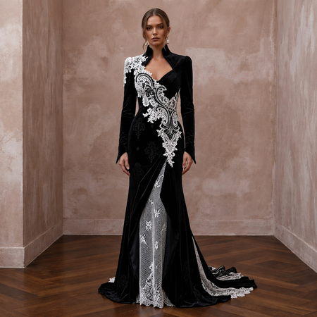 Dramatic Black Velvet & White Lace Dress for Gothic Elopement