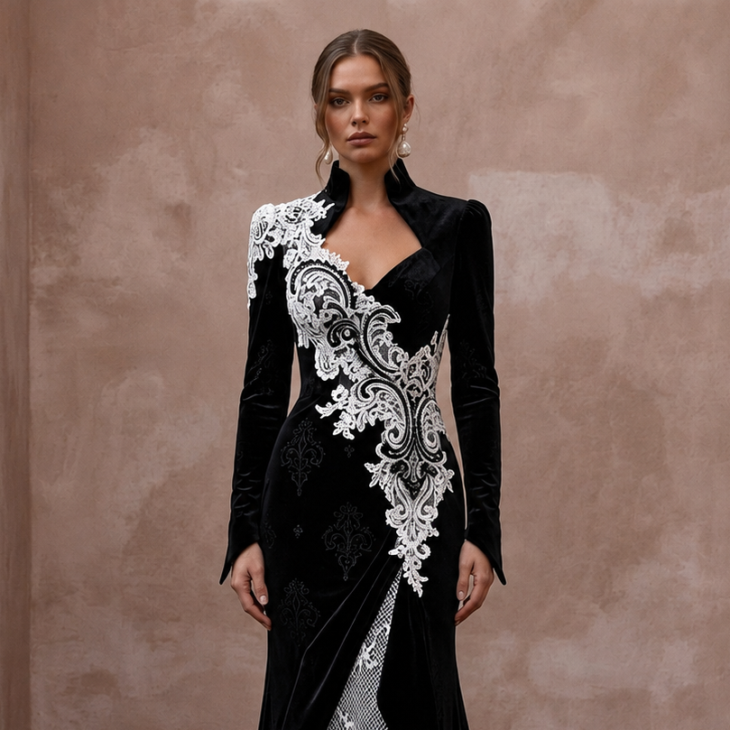 Dramatic Black Velvet & White Lace Dress for Gothic Elopement