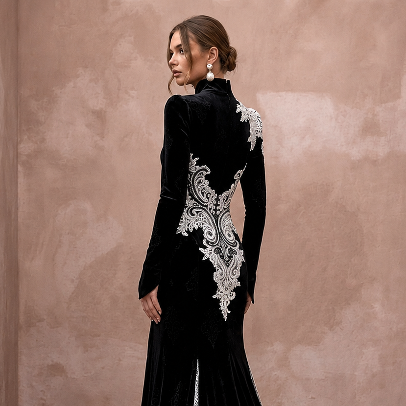 Dramatic Black Velvet & White Lace Dress for Gothic Elopement