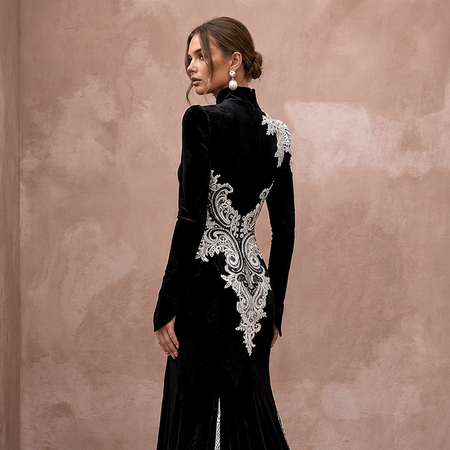 Dramatic Black Velvet & White Lace Dress for Gothic Elopement