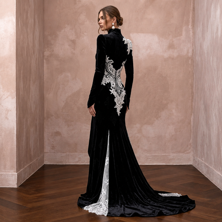 Dramatic Black Velvet & White Lace Dress for Gothic Elopement