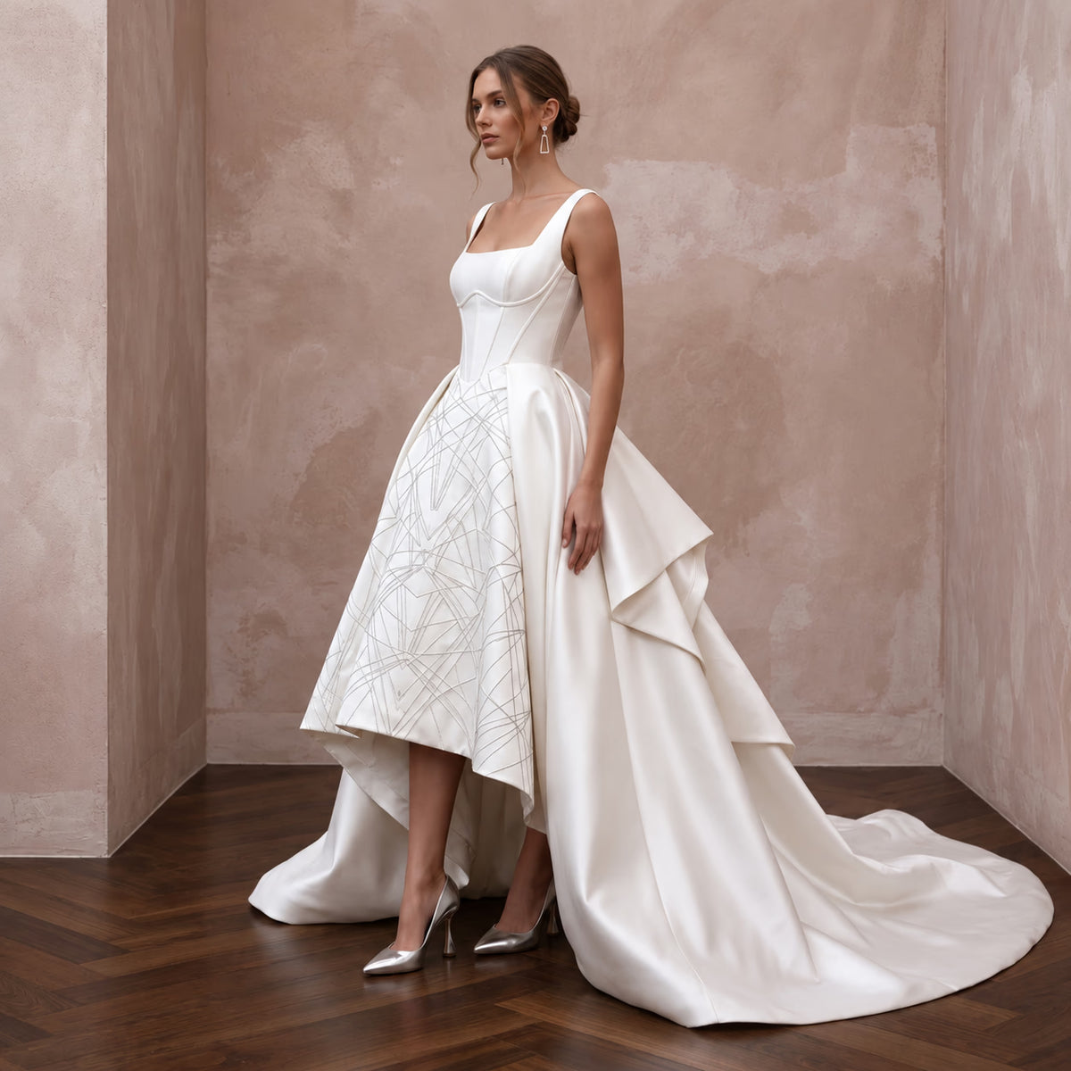 Dramatic Ivory Mikado Silk High-Low Ball Gown for Modern Art Gallery Venue Main image