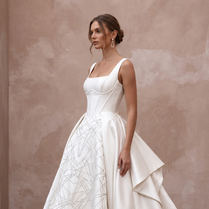 Dramatic Ivory Mikado Silk High-Low Ball Gown for Modern Art Gallery Venue