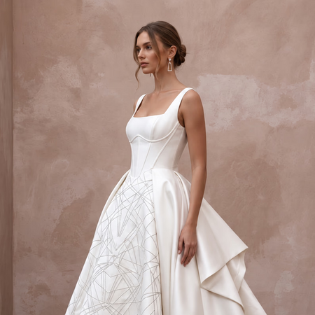 Dramatic Ivory Mikado Silk High-Low Ball Gown for Modern Art Gallery Venue
