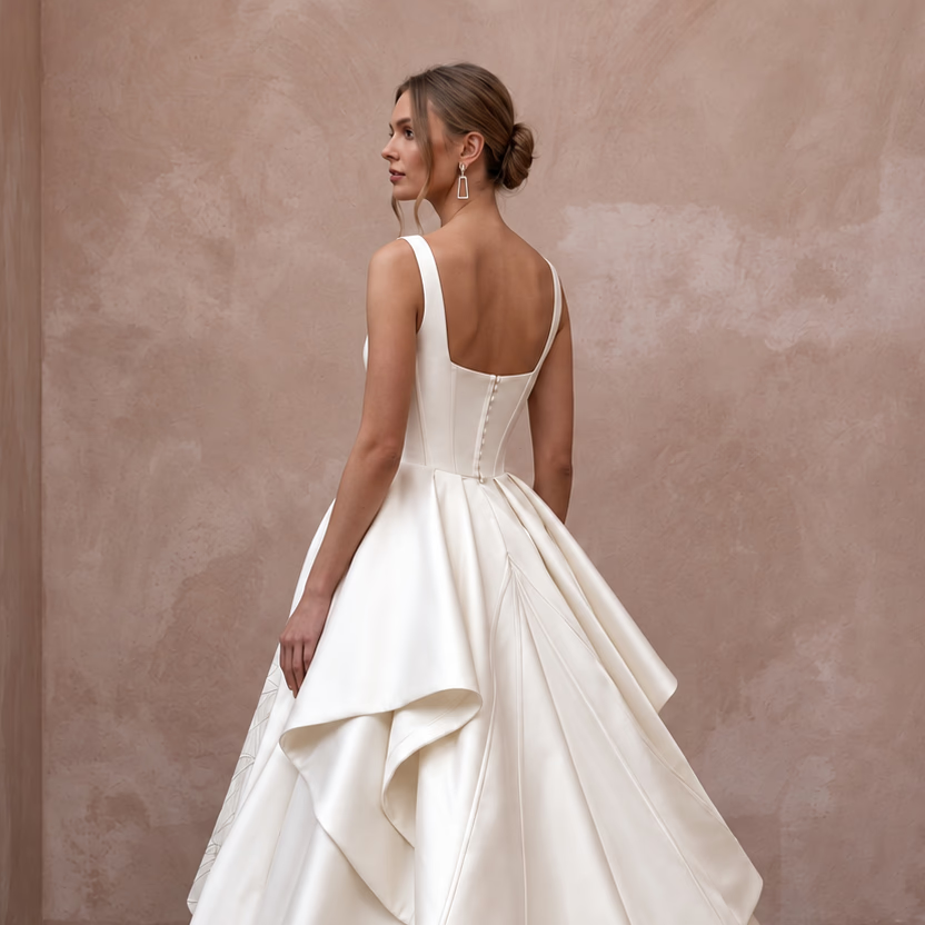 Dramatic Ivory Mikado Silk High-Low Ball Gown for Modern Art Gallery Venue