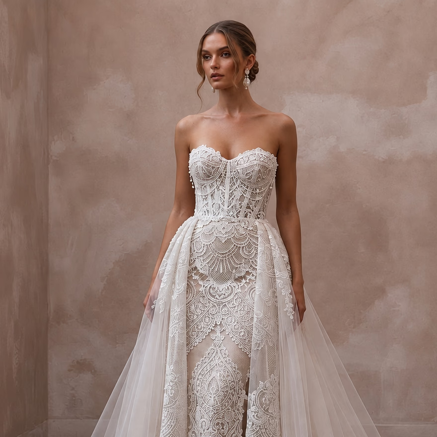Dramatic Lace Wedding Dress with Detachable Train for a Formal Wedding