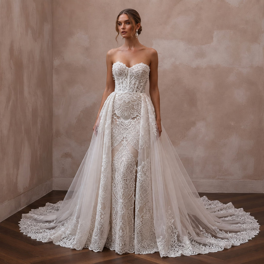 Dramatic Lace Wedding Dress with Detachable Train for a Formal Wedding