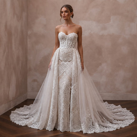 Dramatic Lace Wedding Dress with Detachable Train for a Formal Wedding