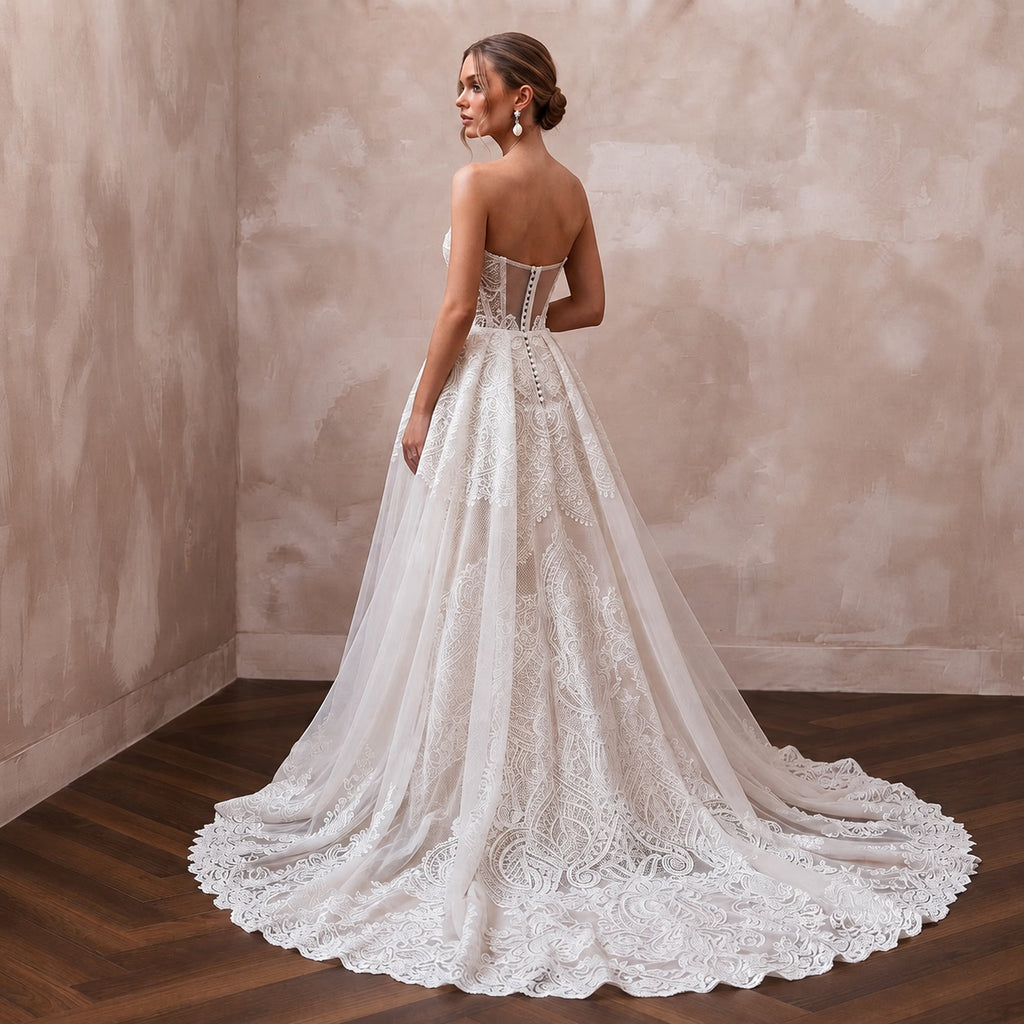Dramatic Lace Wedding Dress with Detachable Train for a Formal Wedding