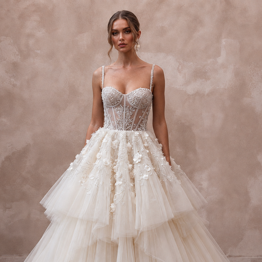 Dramatic Tulle Bridal Gown for a Formal Wedding Reception - Apparel & Accessories > Clothing > Wedding & Bridal Party Dresses > Wedding Dresses - Mignonette Bridal