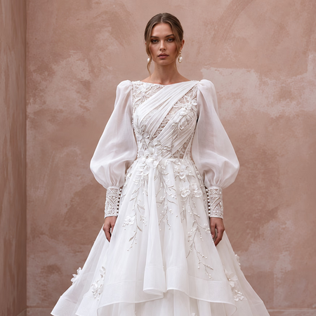 Dramatic White Organza Bishop Sleeve Bridal Gown for Engagement Shoot