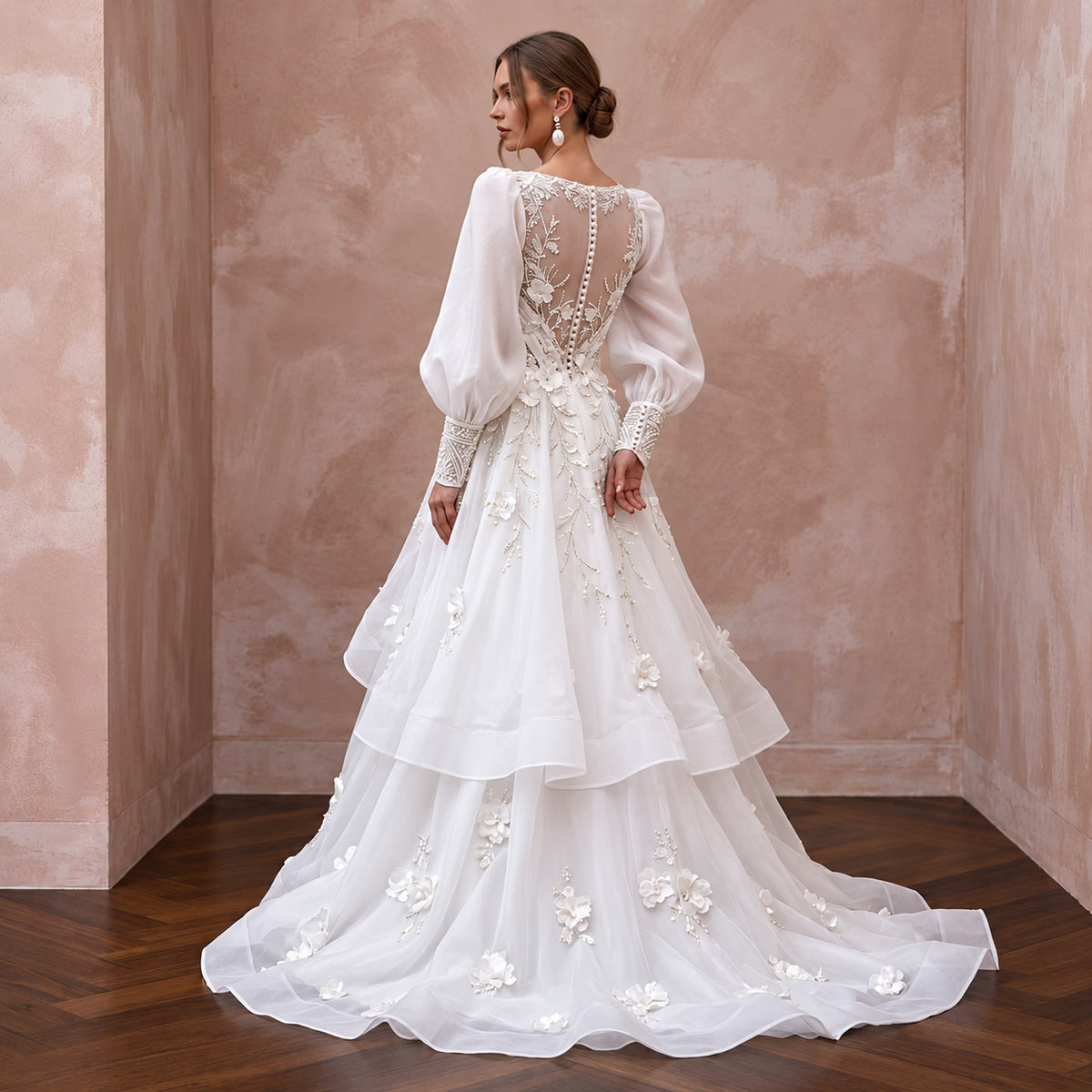 Dramatic White Organza Bishop Sleeve Bridal Gown for Engagement Shoot