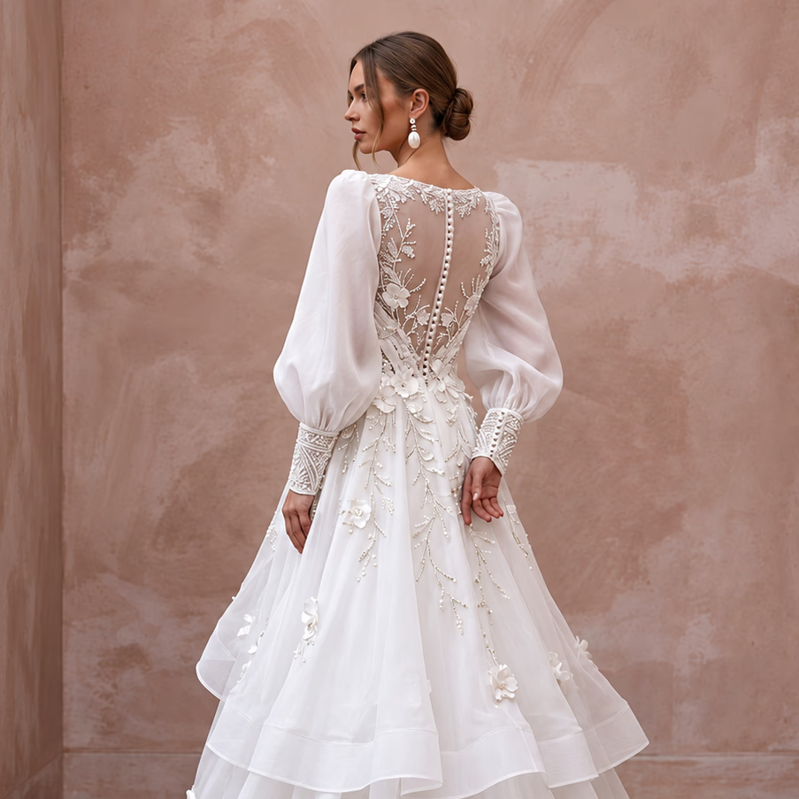 Dramatic White Organza Bishop Sleeve Bridal Gown for Engagement Shoot