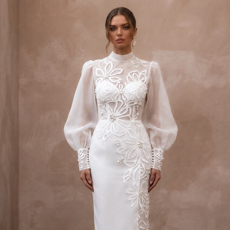 Dramatic White Organza Bishop Sleeve Dress for Engagement Shoot - Apparel & Accessories > Clothing > Wedding & Bridal Party Dresses > Wedding Dresses - Mignonette Bridal