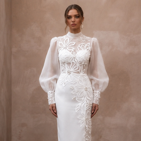 Dramatic White Organza Bishop Sleeve Dress for Engagement Shoot
