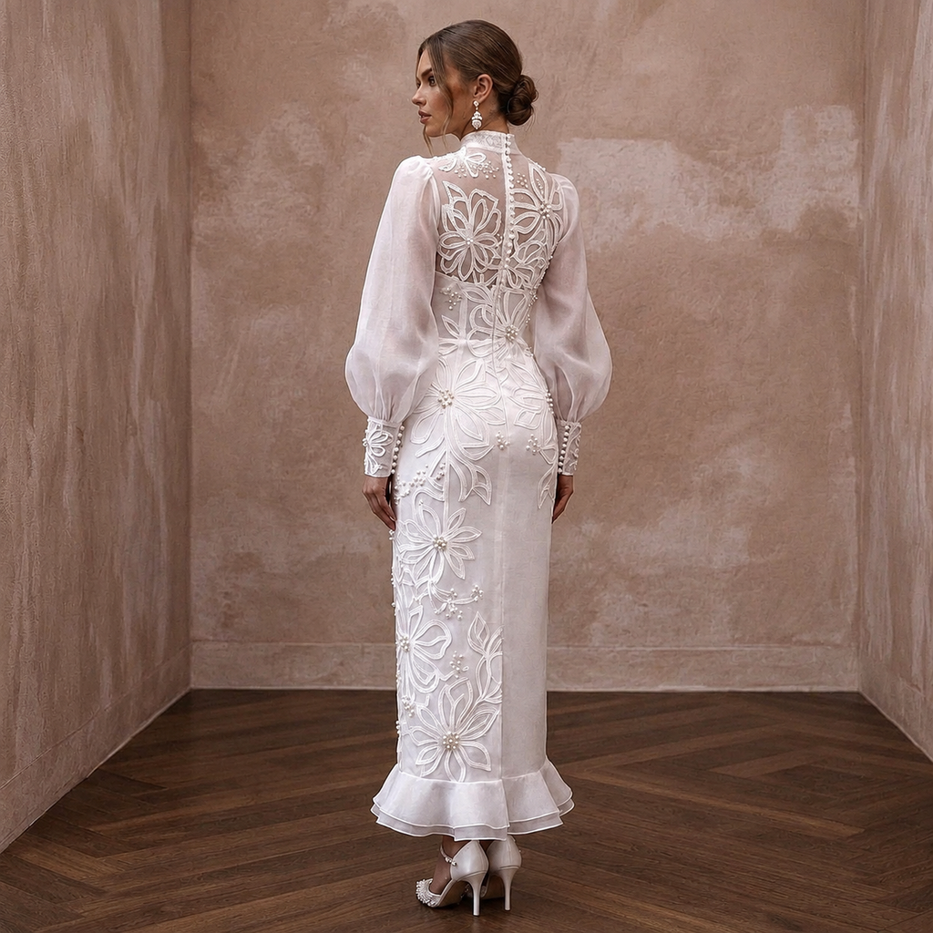 Dramatic White Organza Bishop Sleeve Dress for Engagement Shoot