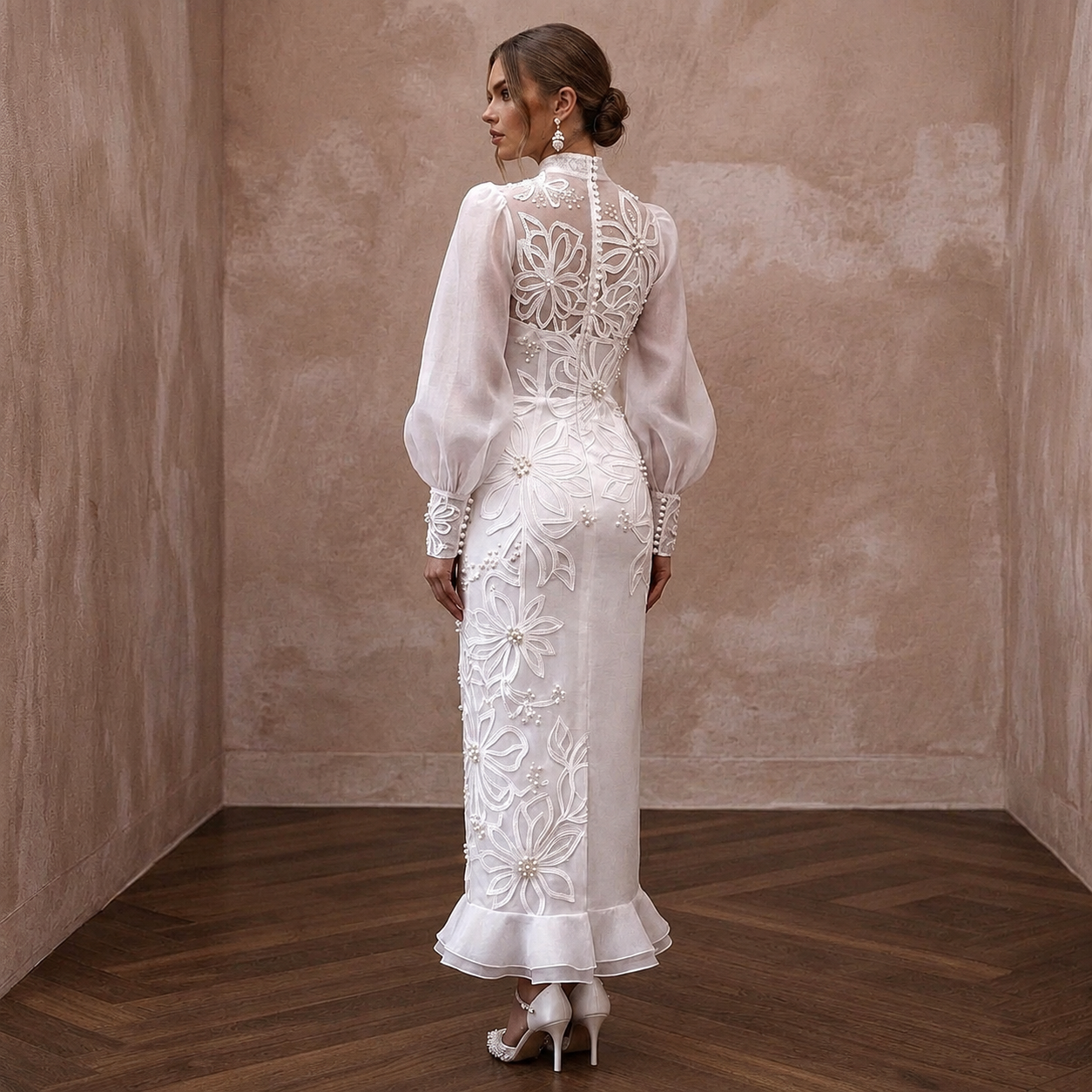 Dramatic White Organza Bishop Sleeve Dress for Engagement Shoot