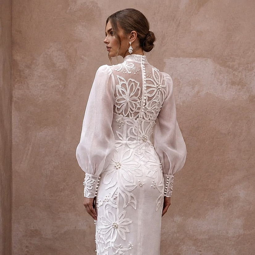 Dramatic White Organza Bishop Sleeve Dress for Engagement Shoot - Apparel & Accessories > Clothing > Wedding & Bridal Party Dresses > Wedding Dresses - Mignonette Bridal