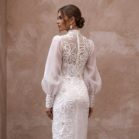 Dramatic White Organza Bishop Sleeve Dress for Engagement Shoot - Apparel & Accessories > Clothing > Wedding & Bridal Party Dresses > Wedding Dresses - Mignonette Bridal