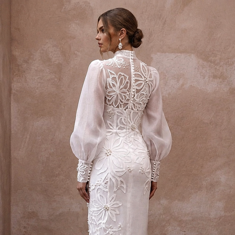 Dramatic White Organza Bishop Sleeve Dress for Engagement Shoot