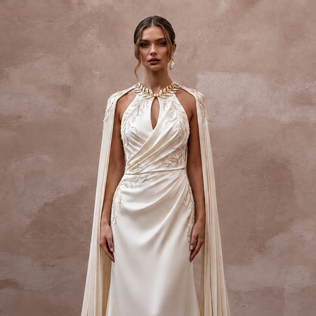 Draped Cream Liquid Satin A-Line Bridal Gown for Grecian-Themed Rehearsal