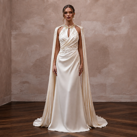 Draped Cream Liquid Satin A-Line Bridal Gown for Grecian-Themed Rehearsal