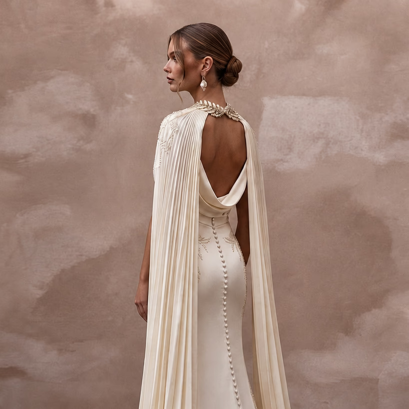 Draped Cream Liquid Satin A - Line Bridal Gown for Grecian - Themed Rehearsal - Apparel & Accessories > Clothing > Wedding & Bridal Party Dresses > Wedding Dresses - Mignonette Bridal