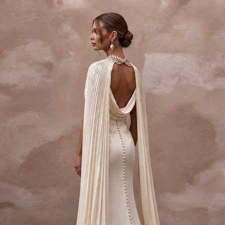 Draped Cream Liquid Satin A - Line Bridal Gown for Grecian - Themed Rehearsal - Apparel & Accessories > Clothing > Wedding & Bridal Party Dresses > Wedding Dresses - Mignonette Bridal