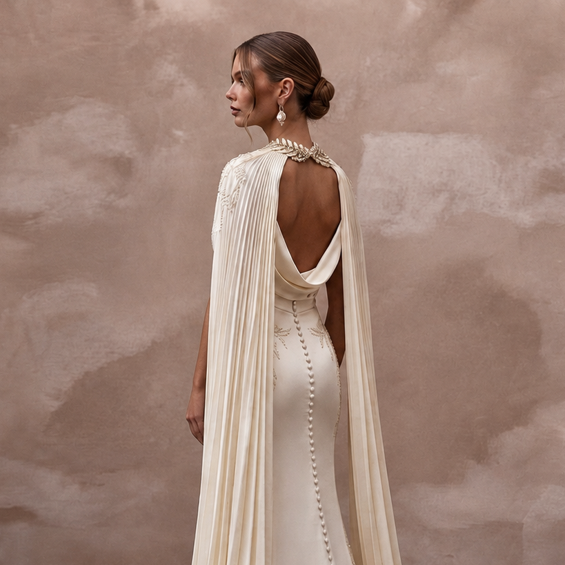 Draped Cream Liquid Satin A-Line Bridal Gown for Grecian-Themed Rehearsal