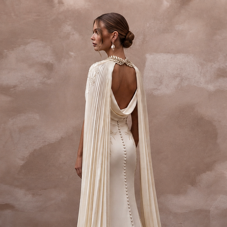 Draped Cream Liquid Satin A-Line Bridal Gown for Grecian-Themed Rehearsal